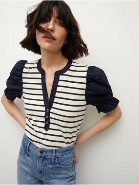 Veronica Beard Cream & Navy Striped Puff-Sleeve Tee